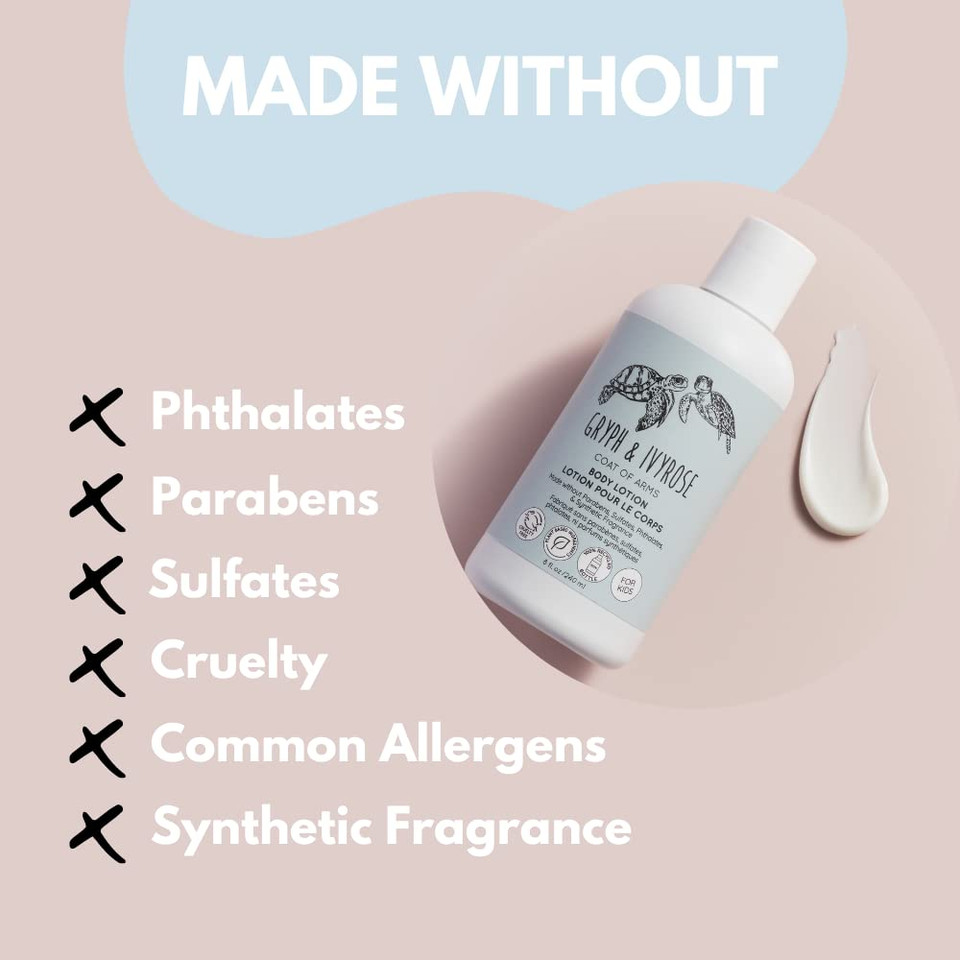 Gryph & Ivyrose Coat Of Arms Hydrating Lotion For Kids - Moisturizer With Shea Butter & Coconut Oil - All Natural, Sustainable, Cruelty Free, No Parabens, No Sulfates, Vegan - Usa Made - 8Oz