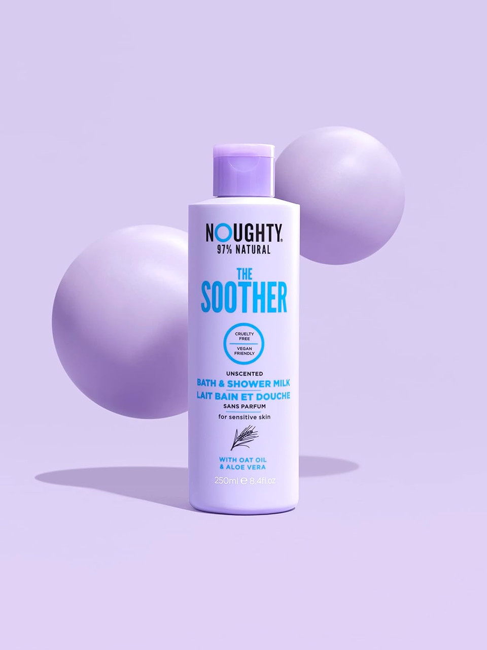 Noughty 97% Natural The Soother Unscented Bath And Shower Milk, For Sensitive Skin, With Oat Oil And Aloe Vera, Sulphate Free Vegan Bodycare 250Ml
