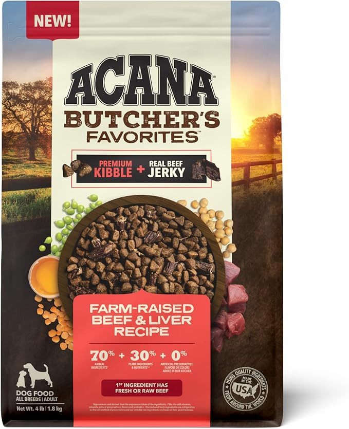 Acana Butcher'S Favorites Dry Dog Food, Farm-Raised Beef & Liver Recipe, Dry Kibble And Beef Jerky Pieces, 4Lb