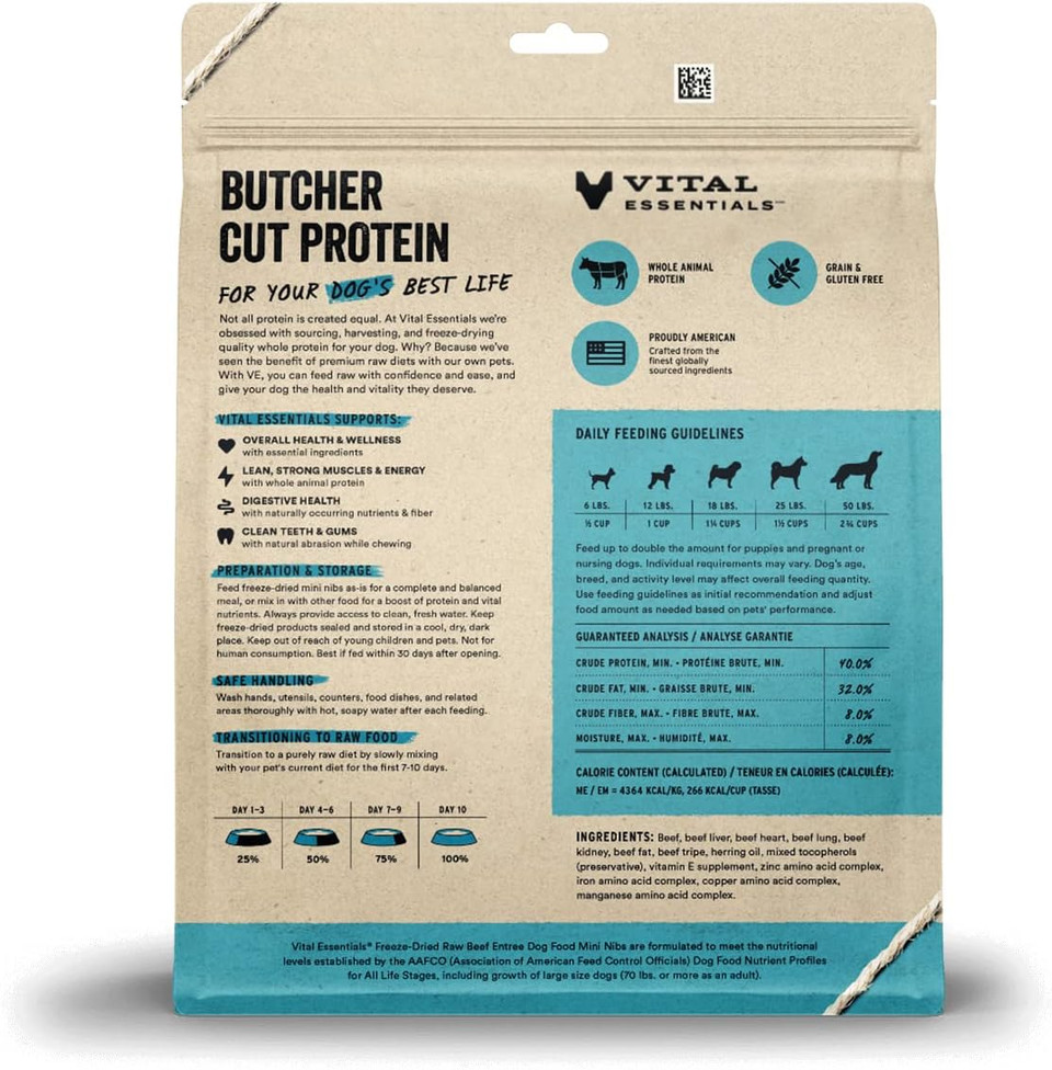 Vital Essentials Freeze Dried Raw Dog Food, Beef Mini Nibs Entree, 25 Oz1.56 Pound (Pack Of 1)
