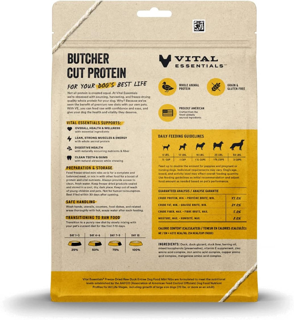 Vital Essentials Freeze Dried Raw Dog Food, Duck Mini Nibs Entree, 14 Oz14.00 Ounce (Pack Of 1)