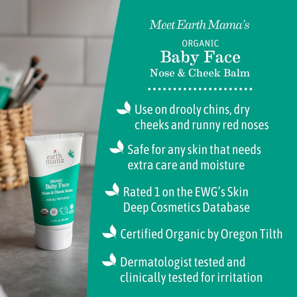 Earth Mama Organic Baby Face Nose & Cheek Balm | Moisturizer With Calendula Oil For Dry Skin Care, Natural Petroleum Jelly Alternative (2-Fluid Ounce)