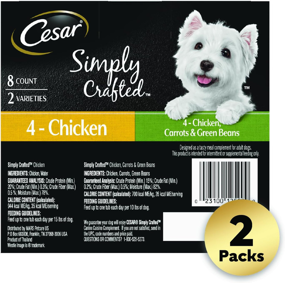 Cesar Simply Crafted Adult Wet Dog Food Meal Topper Variety Pack, Chicken And Chicken, Carrots & Green Beans, 1.3 Oz. Tubs, 8 Count (Pack Of 2)1.3 Ounce (Pack Of 16)