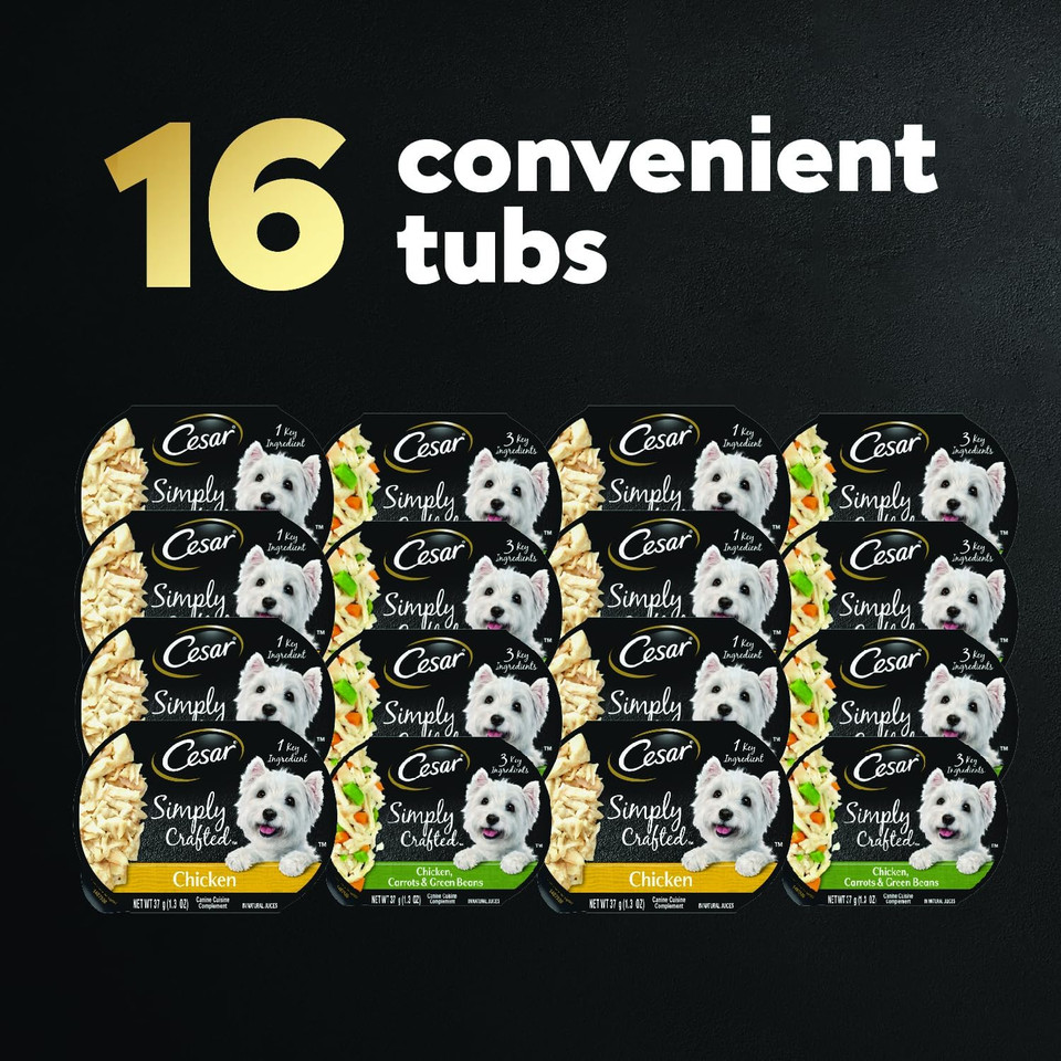 Cesar Simply Crafted Adult Wet Dog Food Meal Topper Variety Pack, Chicken And Chicken, Carrots & Green Beans, 1.3 Oz. Tubs, 8 Count (Pack Of 2)1.3 Ounce (Pack Of 16)