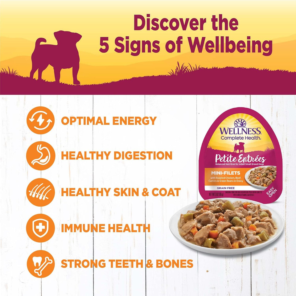 Wellness Petite Entrees Mini Fillets Natural Wet Small Breed Dog Food, Roasted Chicken, Beef, Carrots & Green Beans, 3-Ounce Cup (Pack Of 24)