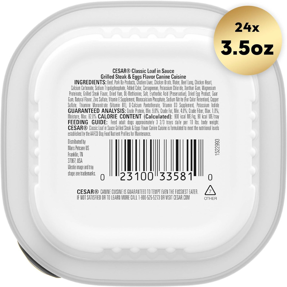 Cesar Adult Wet Dog Food Classic Loaf In Sauce Grilled Steak And Eggs Flavor, 3.5 Oz. Easy Peel Trays, Pack Of 24
