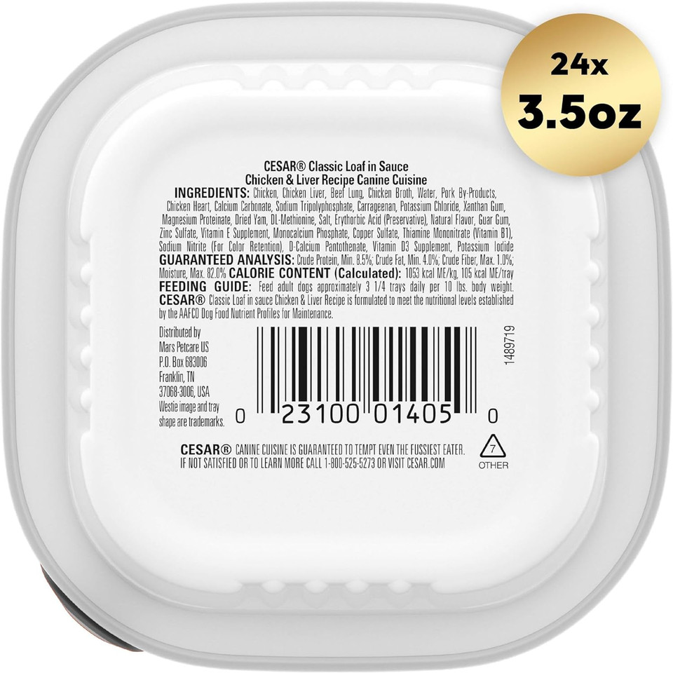 Cesar Adult Wet Dog Food Classic Loaf In Sauce Chicken & Liver Recipe, 3.5 Oz. Easy Peel Trays, Pack Of 24