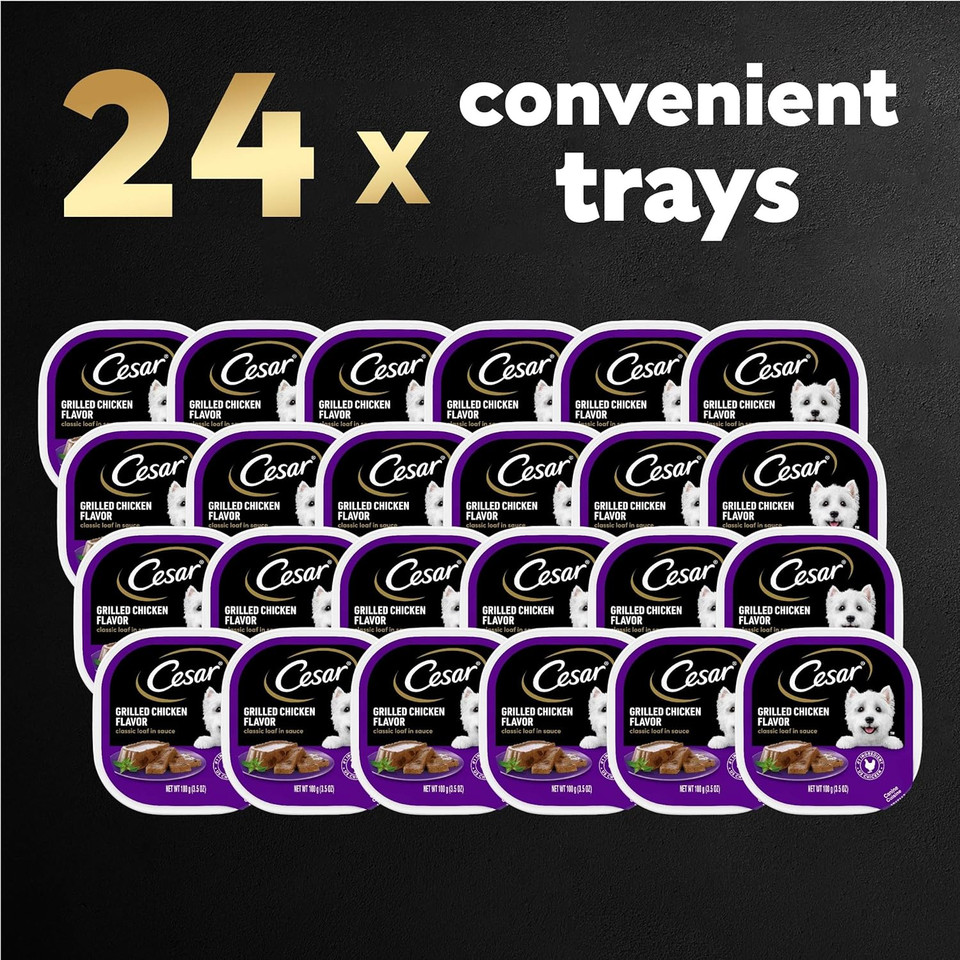 Cesar Adult Wet Dog Food Classic Loaf In Sauce Grilled Chicken Flavor, 3.5 Oz. Easy Peel Trays, Pack Of 24