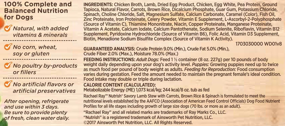 Rachael Ray Nutrish Premium Natural Wet Dog Food, Savory Lamb Stew Recipe, 8 Ounce Tub (Pack Of 8)