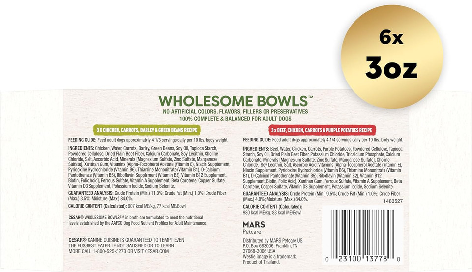 Cesar Wholesome Bowls Adult Soft Wet Dog Food, Chicken, Carrots, Barley & Green Beans Recipe And Beef, Chicken, Purple Potatoes & Carrots Recipe Variety Pack, 3Oz., Pack Of 63 Ounce (Pack Of 6)