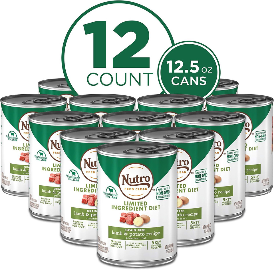 Nutro Limited Ingredient Diet Adult Canned Soft Wet Dog Food Premium Loaf Lamb & Potato Recipe, (12) 12.5 Oz. Cans