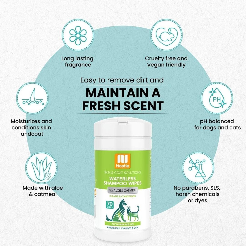 Nootie Waterless Shampoo Wipes For Dogs & Cats - Long Lasting Cucumber Melon Fragrance - Sold In Over 10,000 Vet Clinics And Pet Stores Worldwide, Made In Usa - 70 Count