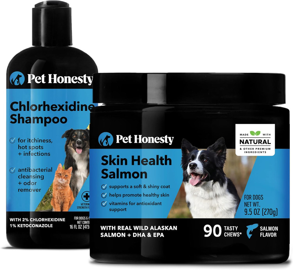Pethonesty Chlorhexidine Shampoo + Skin Health Salmon Bundle - Itch Relief, Shiny Dog Coat, Dog Shampoo For Allergies, 100% Natural Fish Oil With Omega3S, Reduce Shedding, Healthy Skin & Coat
