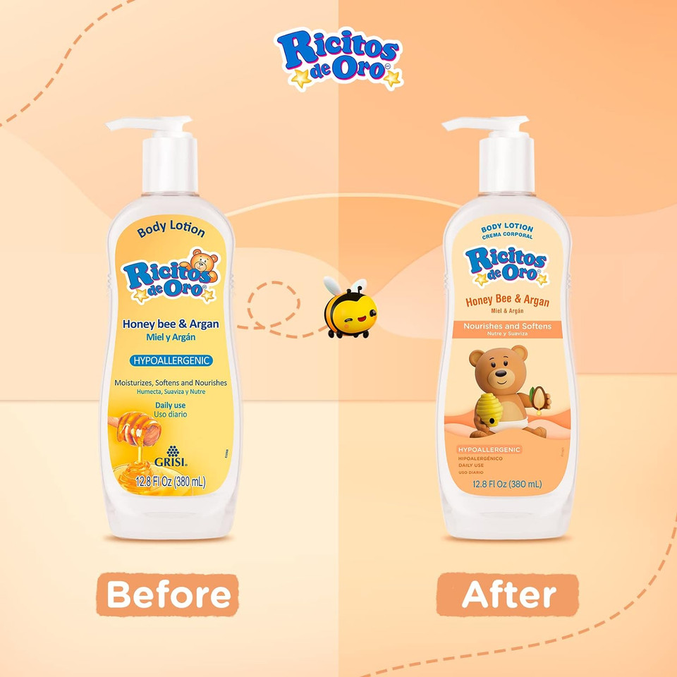 Ricitos De Oro Honey And Argan Baby Body Lotion That Helps Smooth Baby Skin -Hypoallergenic With Honey Bee Extract Delicious Scent, 2-Pack Of 12.8 Fl Oz Each, 2 Bottles