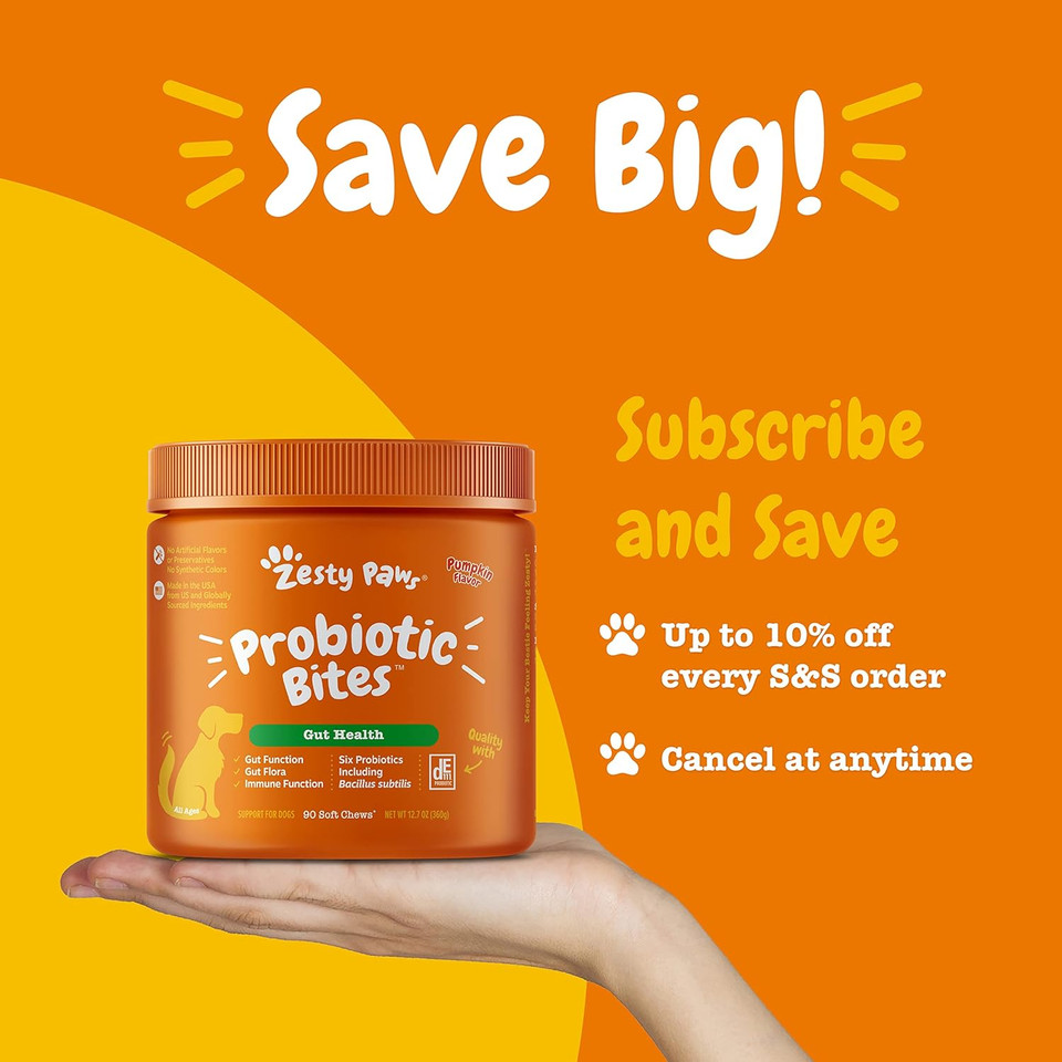 Zesty Paws Probiotics For Dogs - Digestive Enzymes For Gut Flora, Digestive Health, Diarrhea & Bowel Support - Clinically Studied De111 - Dog Supplement Soft Chew For Pet Immune System - Pumpkin90 Count