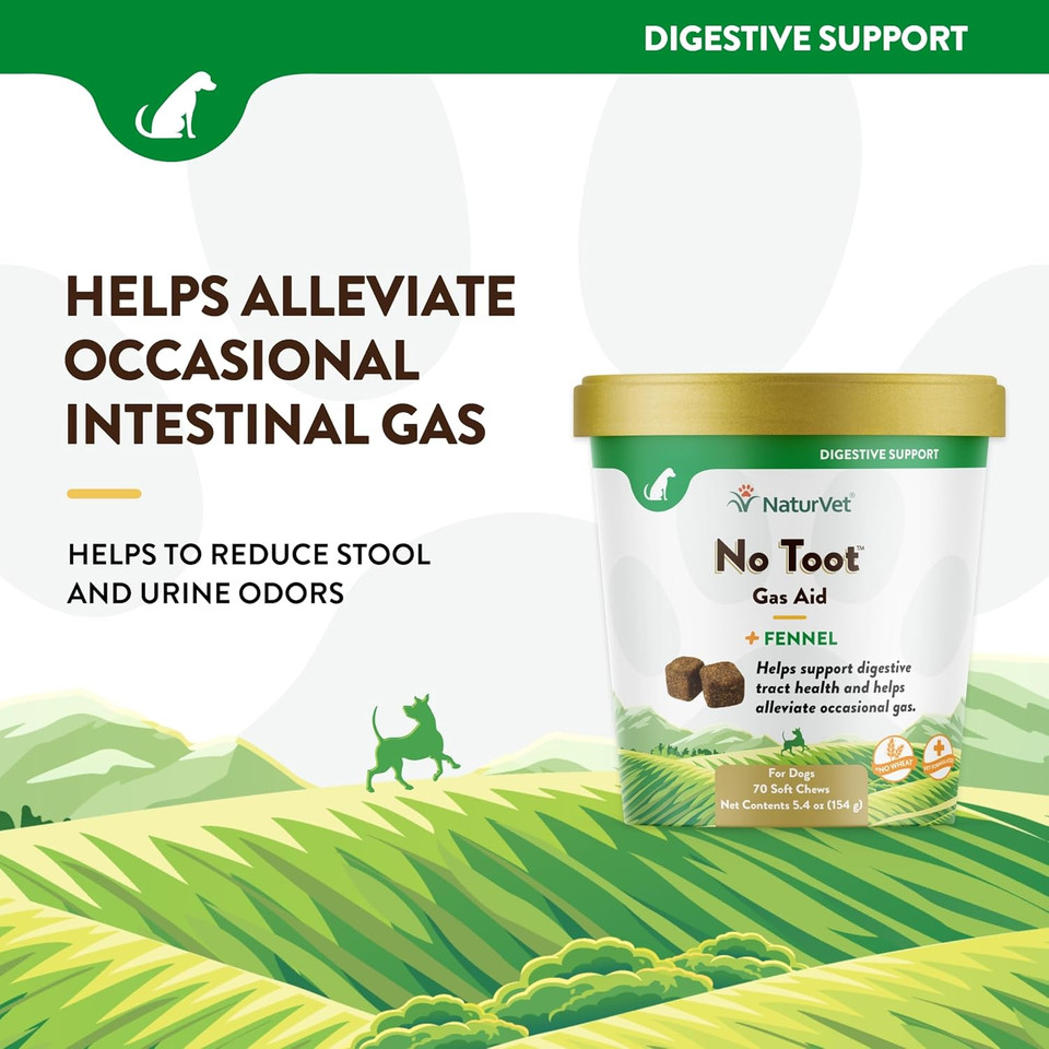 Naturvet  No Toot Gas Aid For Dogs Plus Fennel  70 Soft Chews | Alleviates Intestinal Gas | Helps Reduce Stool & Urine Odors | 30 Day Supply
