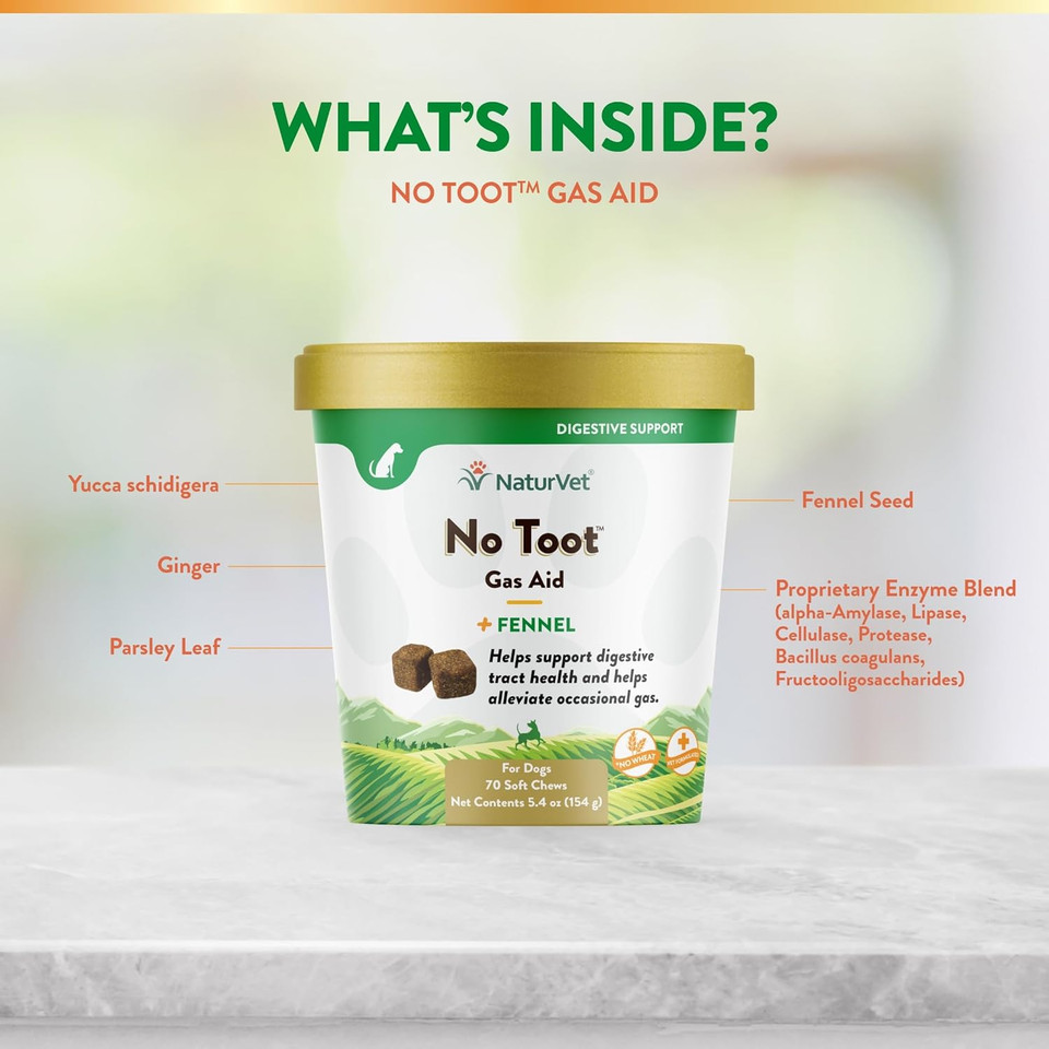 Naturvet  No Toot Gas Aid For Dogs Plus Fennel  70 Soft Chews | Alleviates Intestinal Gas | Helps Reduce Stool & Urine Odors | 30 Day Supply