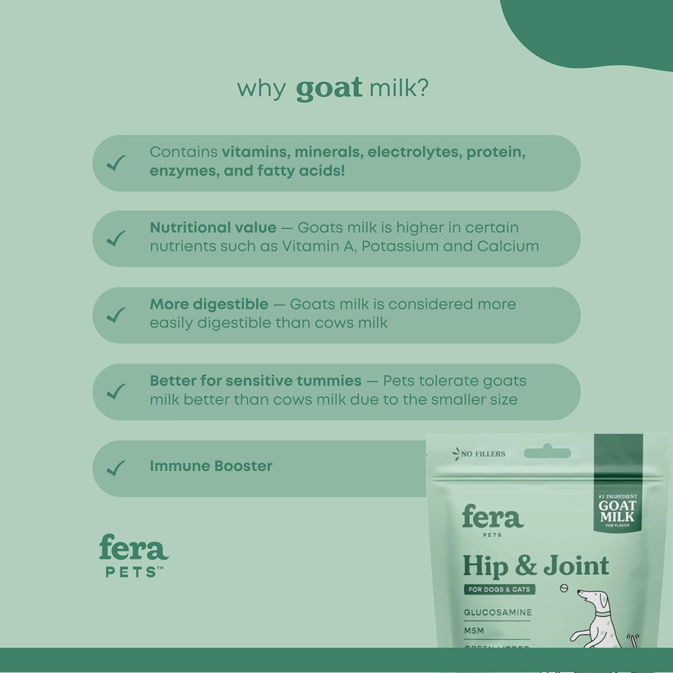 Fera Pets - Hip And Joint Supplement Dogs And Cats - Goats Milk For Dogs - Goat Milk For Cats - Dog Meal Topper - Dog Food Topper With Glucosamine For Dogs - Powder - 60 Servingship & Joint