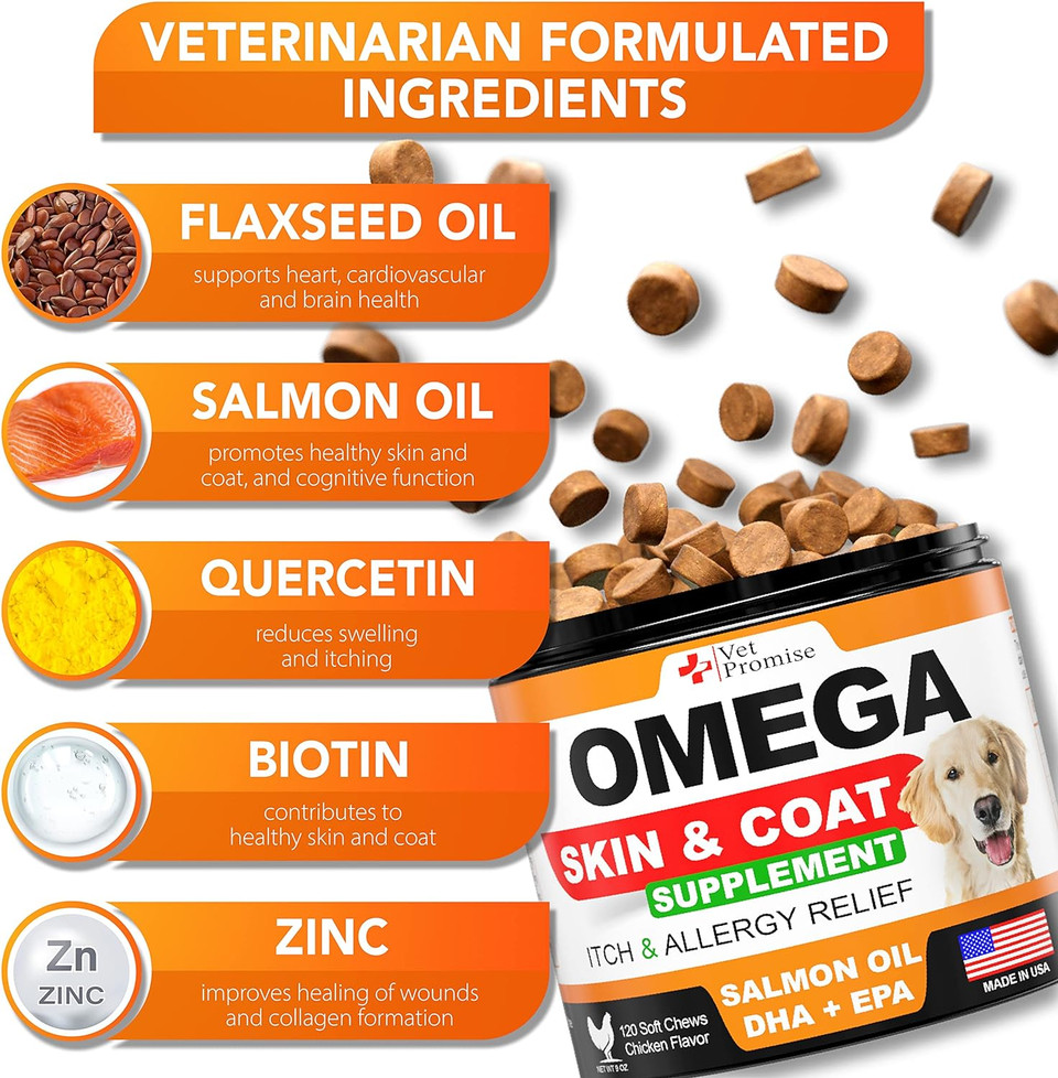 Omega 3 For Dogs - Dog Skin And Coat Supplement - Fish Oil For Dogs Chews - Allergy And Dog Itch Relief - Dog Anti Shedding Supplement - Dog Dry Skin Treatment - Salmon Oil - Made In Usa - 120 Treats