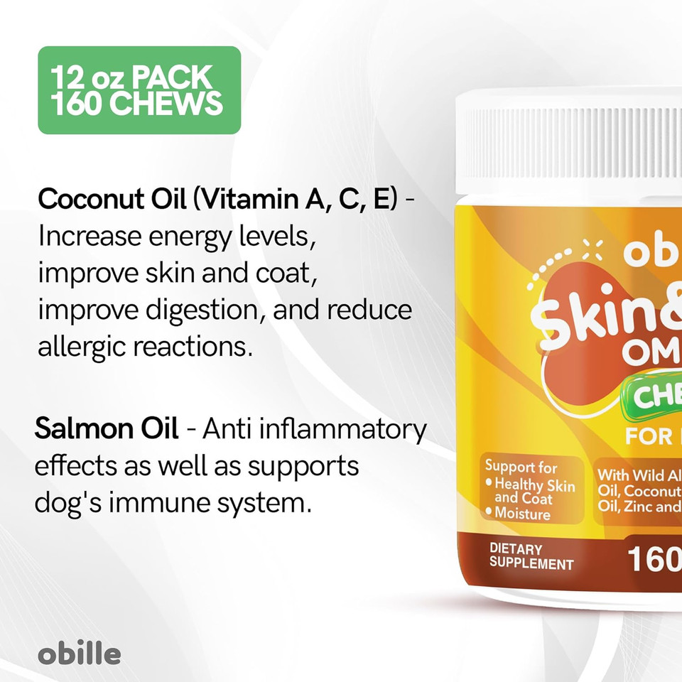 Obille Skin & Coat Omega For Dogs 160 Chews 12Oz  Salmon Oil Supplement For Puppies And Large Dogs, Support Shiny Coat, Dry & Itchy Skin Relief, Immune & Heart Health And May Reduce Allergy, Shedding