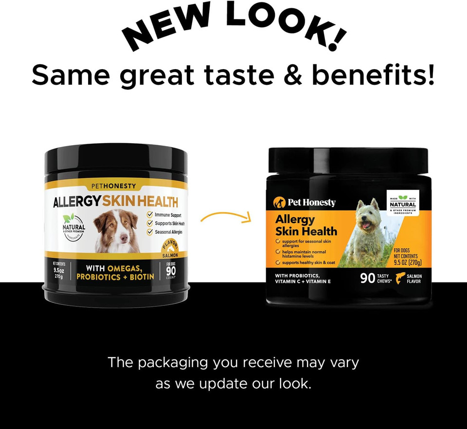 Pet Honesty Allergy Skin Health - Fish Oil For Dogs Omegas, Flaxseed, Probiotics For Healthy Skin, Shiny Coats, Helps Reduce Normal Shedding, Soft Chews For Healthy Skin & Coat - 90 Count (Salmon)