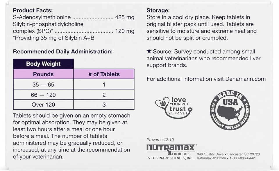 Nutramax Denamarin Liver Health Supplement For Large Dogs - With S-Adenosylmethionine (Same) And Silybin, 30 Tablets