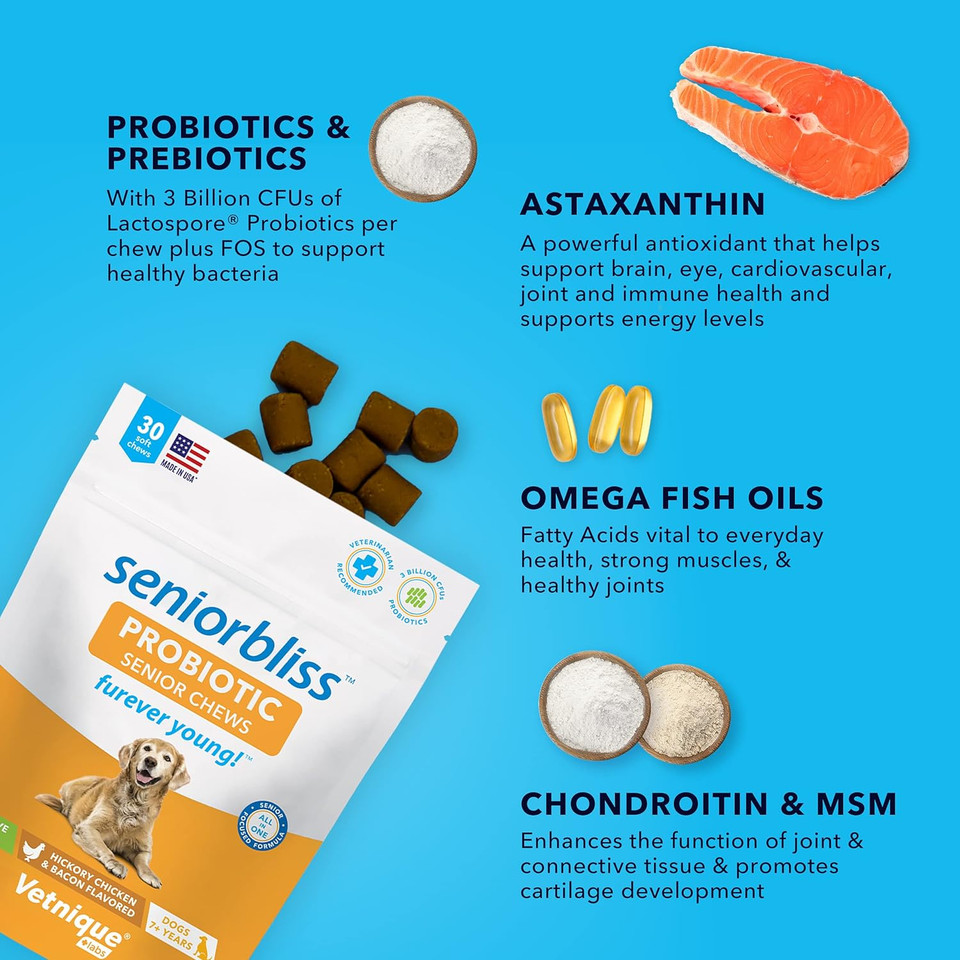 Vetnique Labs Seniorbliss Aging Dog (7+) Senior Dog Vitamins And Supplements, Supports Heart, Allergy, Arthritis, Skin And Coat - Furever Young (Probiotic Chew, 60Ct)