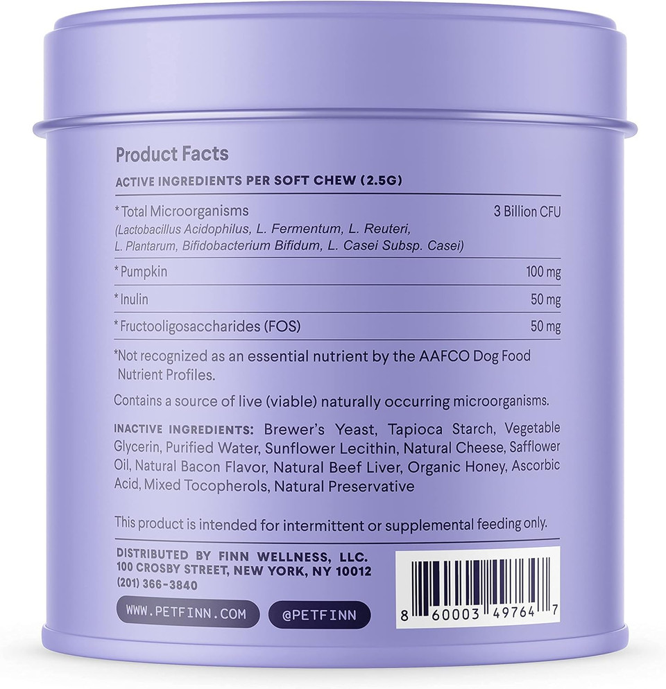 Finn Digestive Probiotics For Dogs - Complete Digestive System Support With Pumpkin, Prebiotics, & Live Probiotics - Vet Recommended & Made In The Usa - 90 Soft Chews