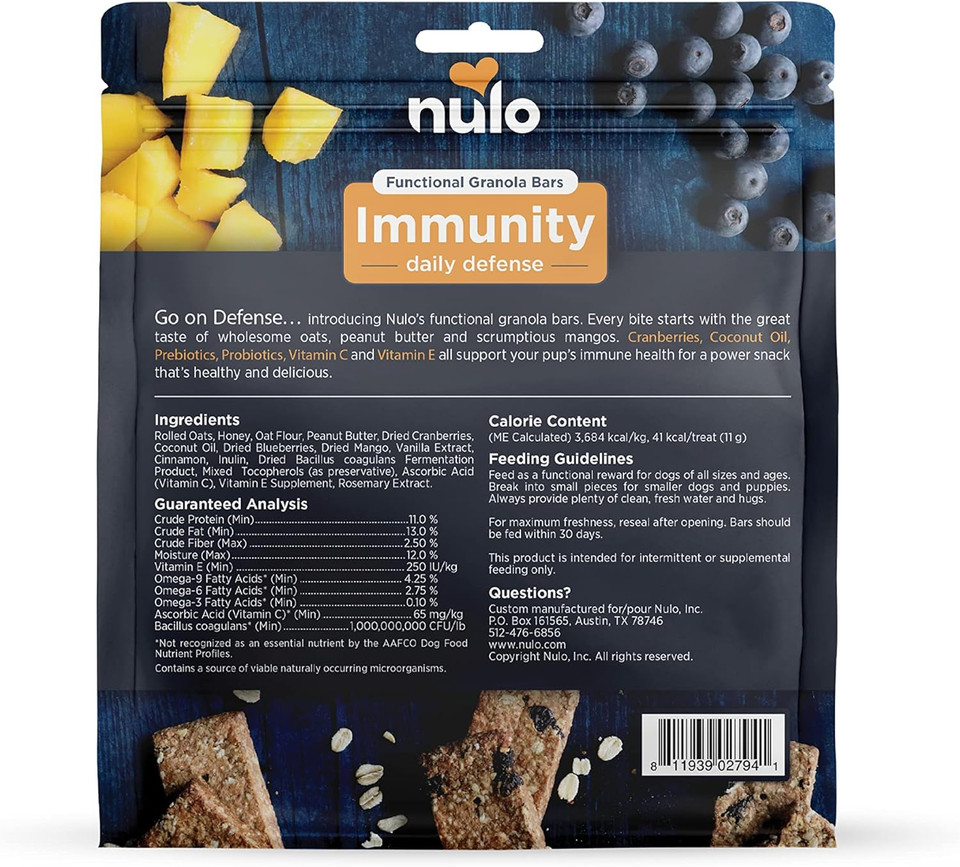Nulo Functional Granola Bars, Healthy Dog Treats, Oven Baked, Made With Prebiotics And Probiotics, Contains No Added Salt, Sugar, Or Molasses, 10 Ounce Bagimmunity