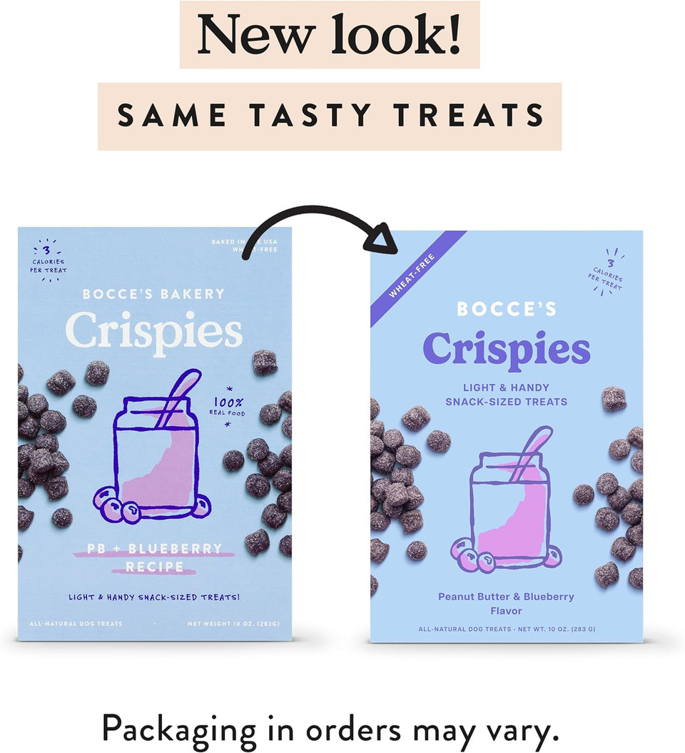 Bocce's Bakery Crispies Training Treats for Dogs, Wheat-Free Dog Treats, Made with Real Ingredients, Baked in The USA, All-Natural & Low Calories Training Treats, PB & Blueberry Recipe, 10 oz