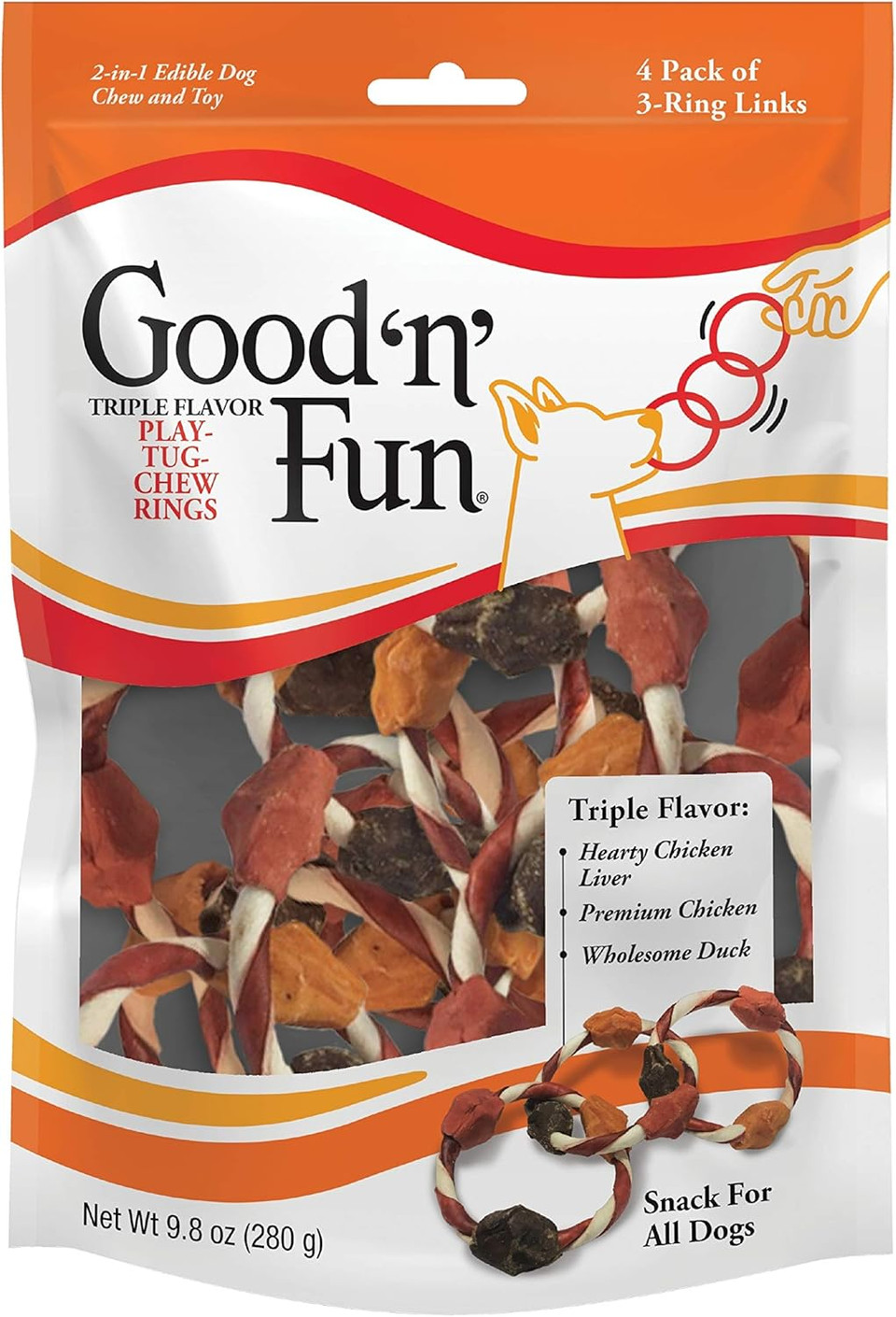 Good'N'Fun Good ÃÂNã¢Â Fun Triple Flavor Play-Tug-Chew Rings 4 Count, Snack For All Dogs (1 Case Of 12 Individual Packs)