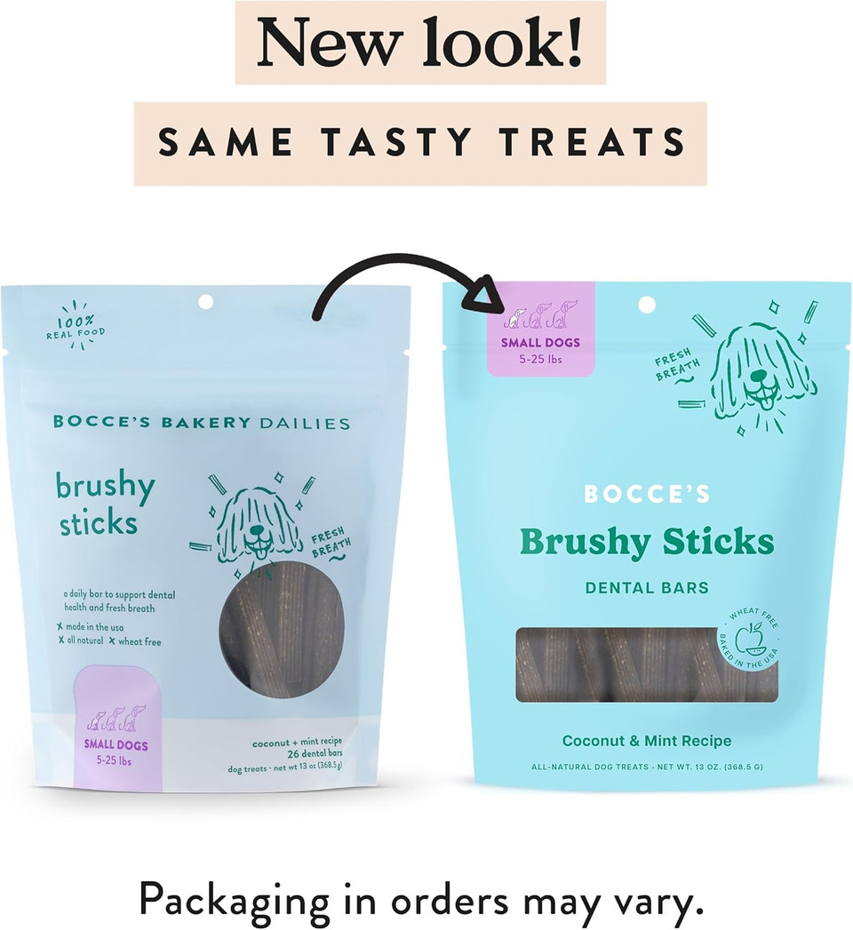 Bocceã¢ÂS Bakery Dailies Brushy Sticks To Support Oral Health & Fresh Breath, Wheat-Free Dental Bars For Dogs, Made With Real Ingredients, Baked In The Usa, All-Natural Coconut & Mint Recipe, Small Dogs
