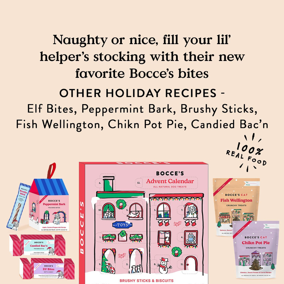 Bocce'S Bakery All-Natural, Seasonal, 12 Day Advent Calendar For Dogs With Wheat-Free, Limited Ingredient Brushy Sticks And Biscuits Dog Treats, 3.5 Oz