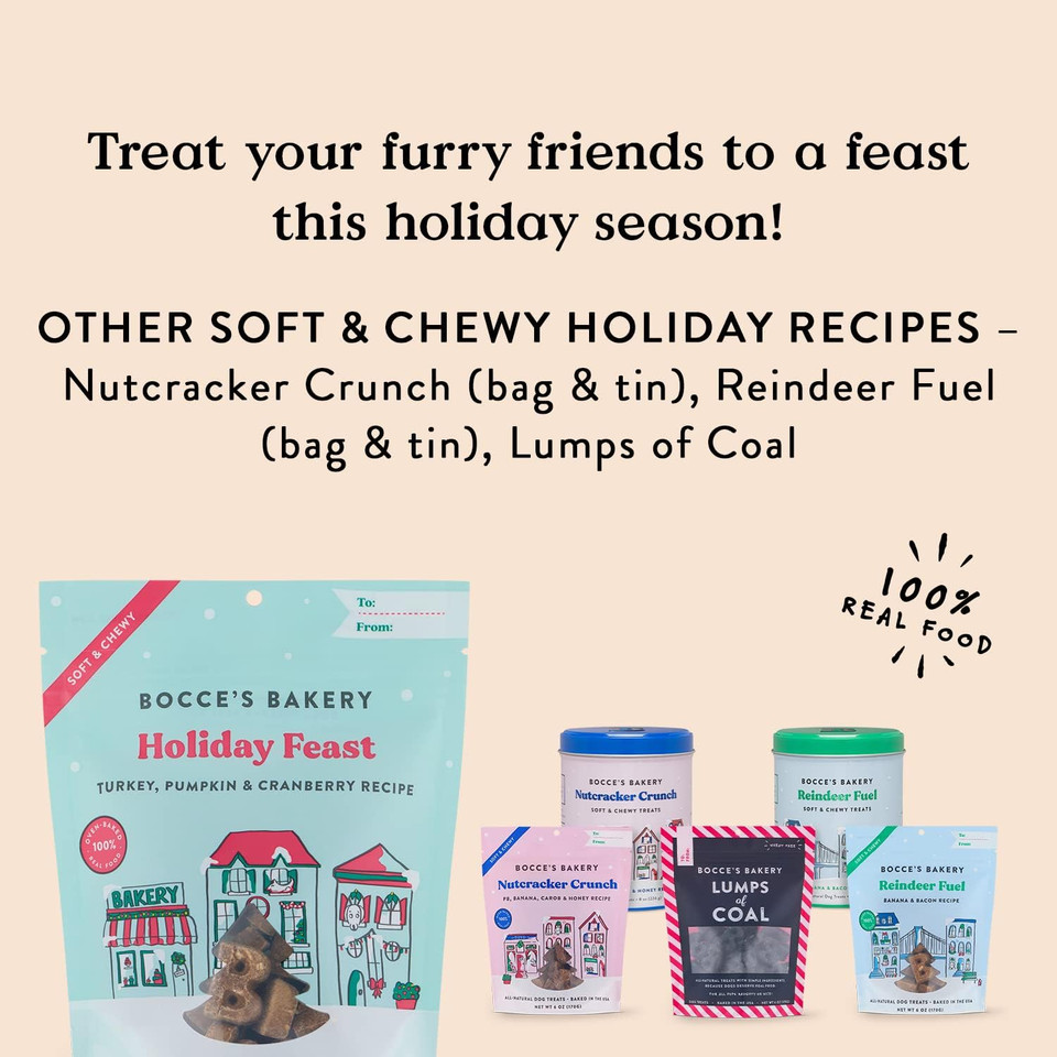Bocce'S Bakery Holiday Feast Recipe Treats For Dogs, Wheat-Free Everyday Dog Treats, Made With Real Ingredients, Baked In The Usa, All-Natural Soft & Chewy Cookies, Turkey, Pumpkin & Cranberry, 6 Oz