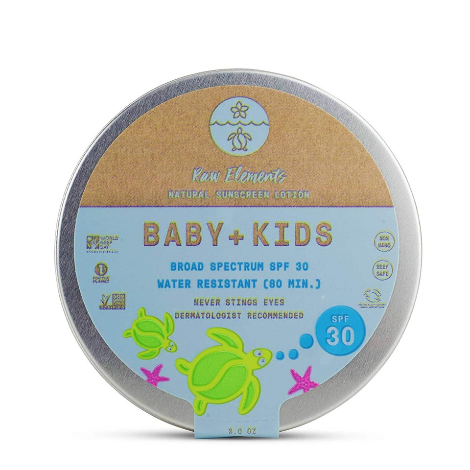 Raw Elements Baby + Kids Spf 30 Organic Sunscreen Zero-Waste Bundle With Lotion Tin 3Oz, Lotion Stick 1Oz And Hemp Drawstring Bag