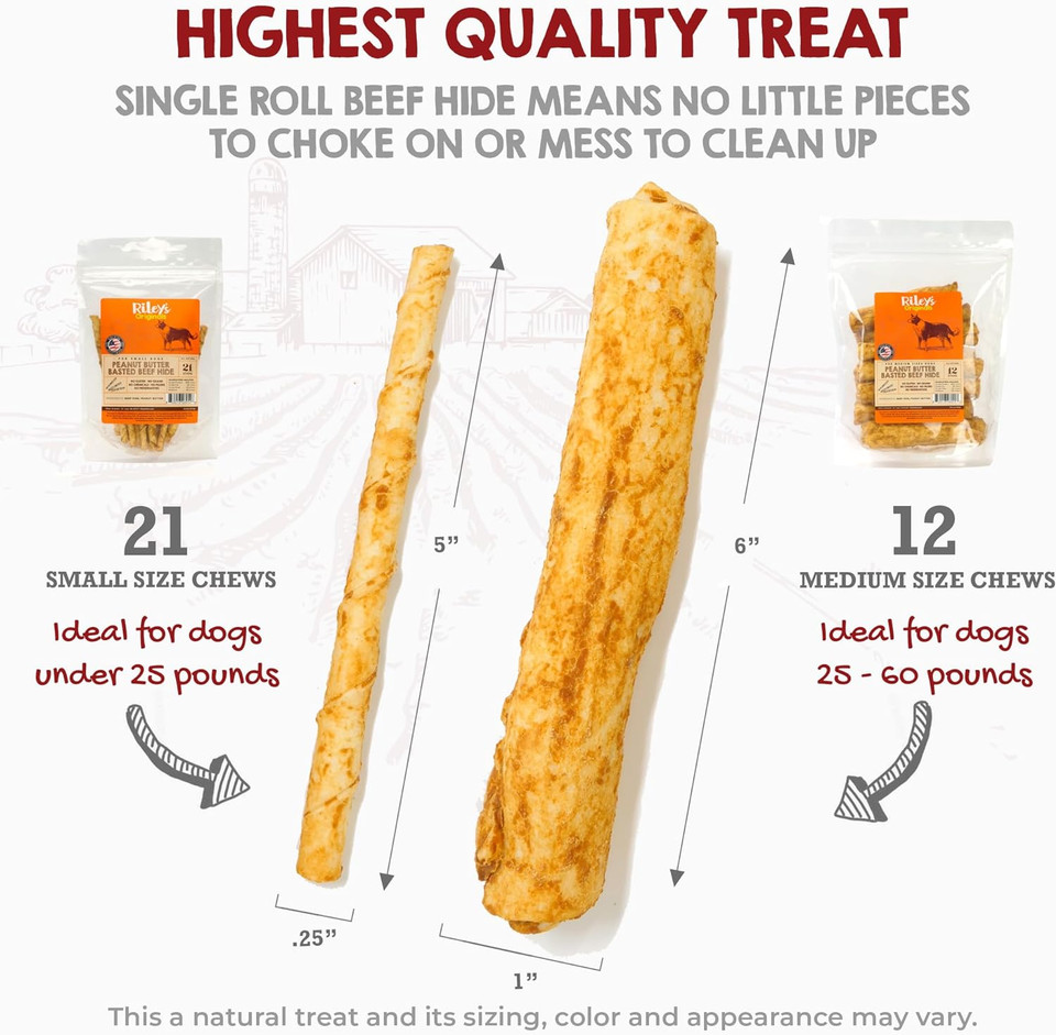 Riley's Peanut Butter Beef Hide Dog Treats, USA Sourced & Made Small Dog Treats, Chew Sticks, Raw Hides for Small Dogs, Rawhide Sticks for Dogs, 21 ctSmall 21 ct