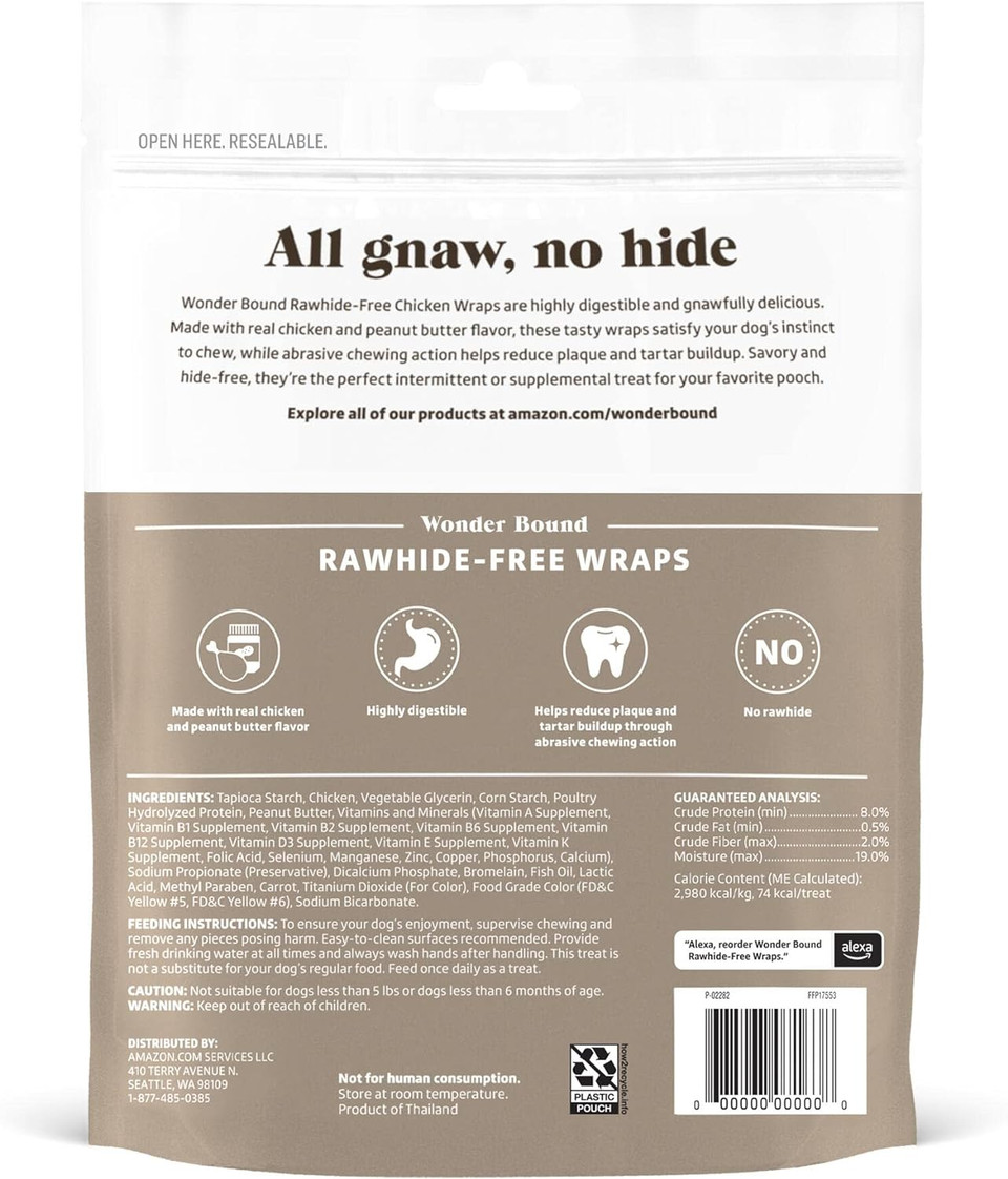 Amazon Brand - Wonder Bound Rawhide-Free Dog Treats, Peanut Butter & Chicken Wraps , 8 Count