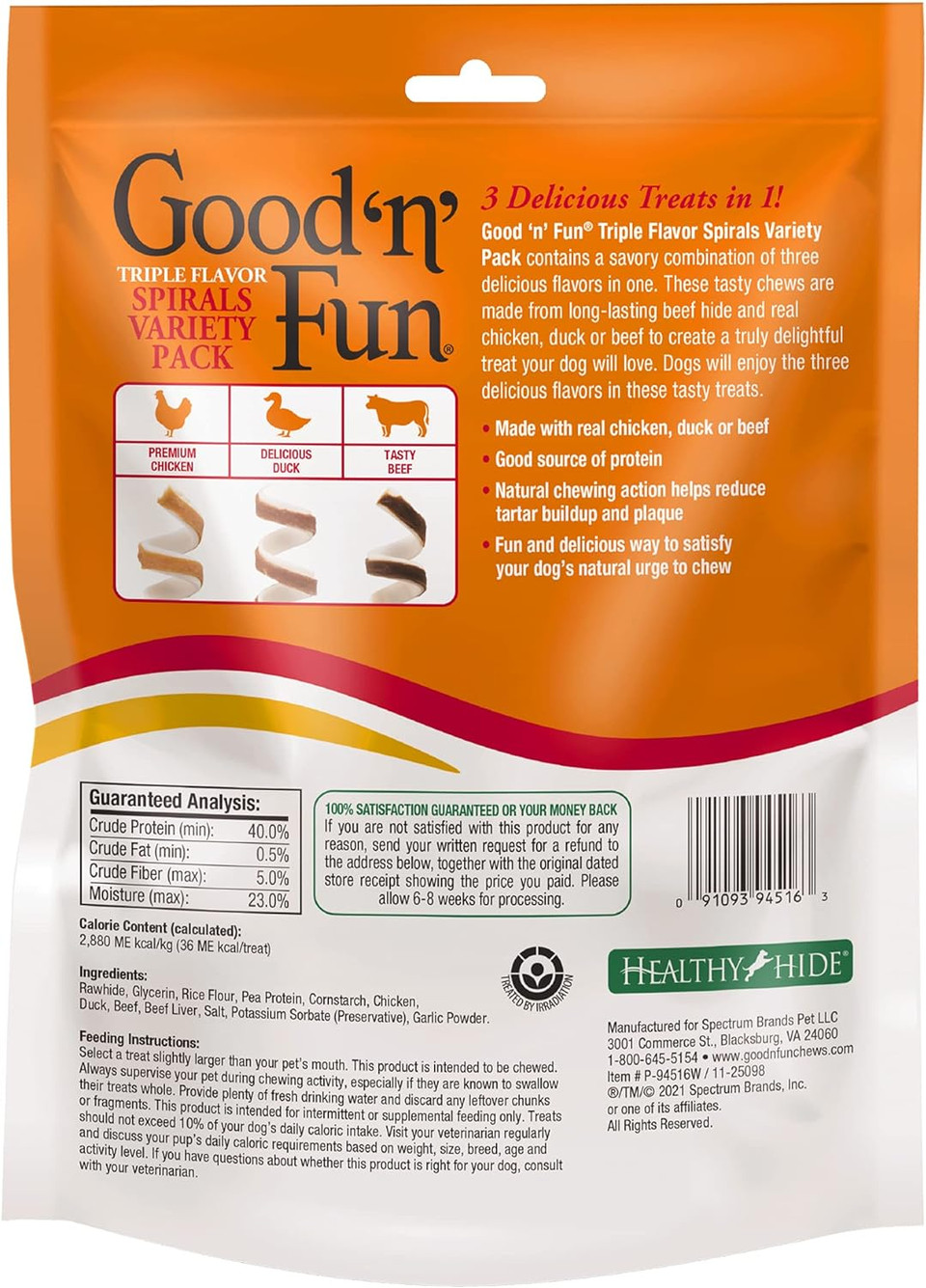 Good 'N' Fun Triple Flavor Spirals Variety Pack, 15 Count, Rawhide Chews For Dogs, 3 Savory Flavors