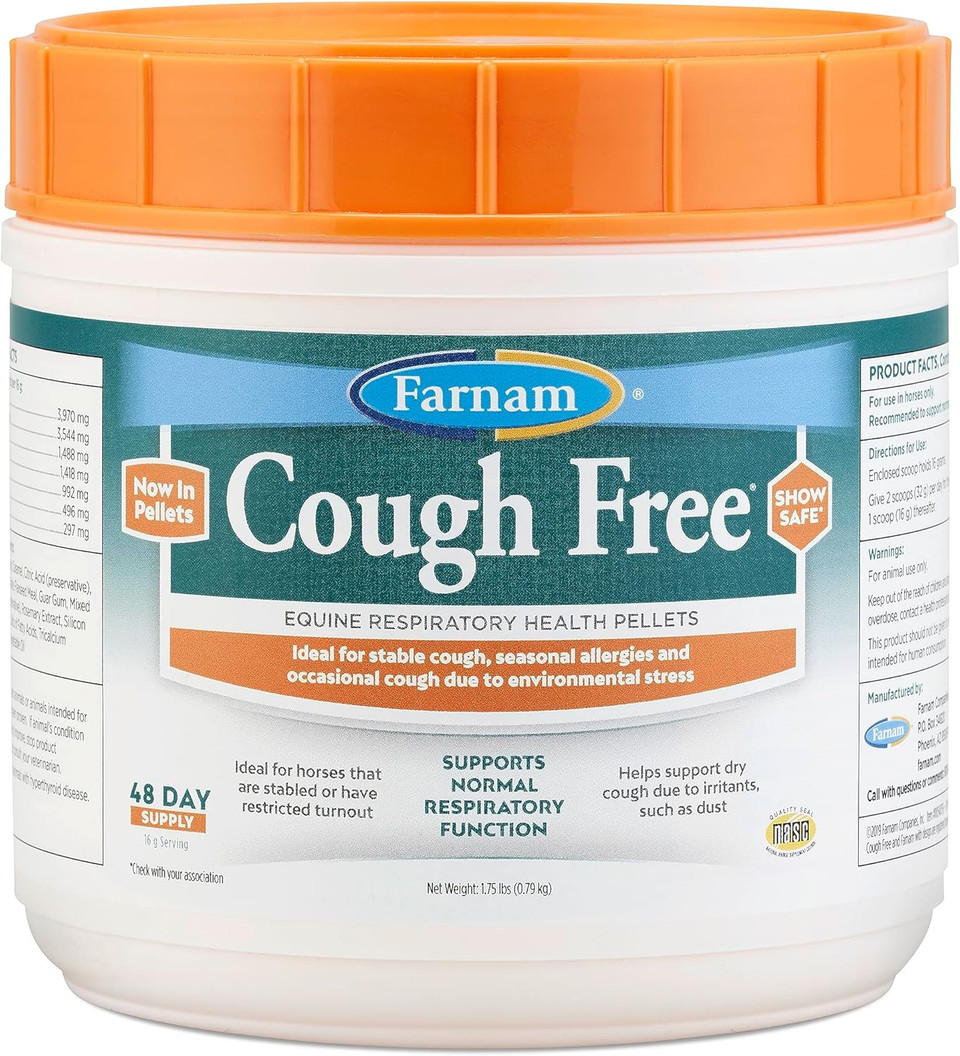 Farnam Cough Free Horse Cough Supplement Pellets, Provides Respiratory Support For Horses W/Seasonal Allergies Or Stable Cough, 1.75 Lb, 48 Day Supply Farnam Cough Free Horse Cough Supplement Pellets, Provides Respiratory Support For Horses W/Seasonal Allergies Or Stable Cough, 1.75 Lb, 48 Day Supply
