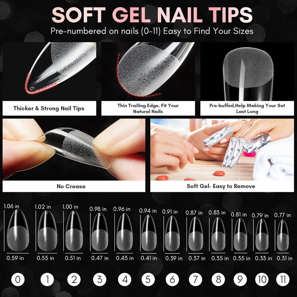 Makartt Nail Tips And Glue Gel Kit, Solid Nail Glue Gel 15Ml With 500Pcs Almond Medium Pre-Buffed Soft Gel Nails Tips Full Cover & Portable Mini Nail Lamp And Nail Gel Base Coat Nail Art Diy Manicure