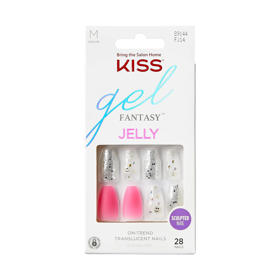 Kiss Gel Fantasy Press On Nails, Nail Glue Included, Fun & Jelly', Pink, Medium Size, Coffin Shape, Includes 28 Nails, 2G Glue, 1 Manicure Stick, 1 Mini Filemulticolor28 Count (Pack Of 1)