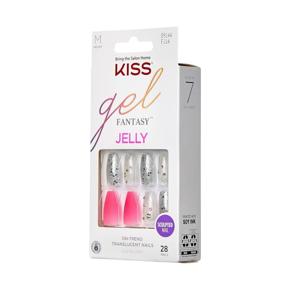 Kiss Gel Fantasy Press On Nails, Nail Glue Included, Fun & Jelly', Pink, Medium Size, Coffin Shape, Includes 28 Nails, 2G Glue, 1 Manicure Stick, 1 Mini Filemulticolor28 Count (Pack Of 1)