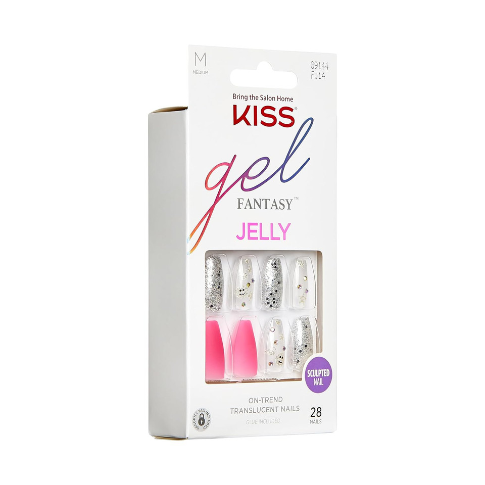 Kiss Gel Fantasy Press On Nails, Nail Glue Included, Fun & Jelly', Pink, Medium Size, Coffin Shape, Includes 28 Nails, 2G Glue, 1 Manicure Stick, 1 Mini Filemulticolor28 Count (Pack Of 1)