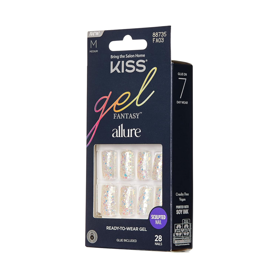 Kiss Gel Fantasy Press On Nails, Nail Glue Included, How Dazzling', Silver, Medium Size, Square Shape, Includes 28 Nails, 2G Glue, 1 Manicure Stick, 1 Mini File