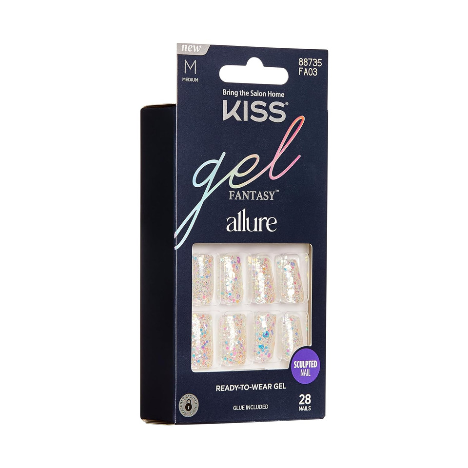 Kiss Gel Fantasy Press On Nails, Nail Glue Included, How Dazzling', Silver, Medium Size, Square Shape, Includes 28 Nails, 2G Glue, 1 Manicure Stick, 1 Mini File