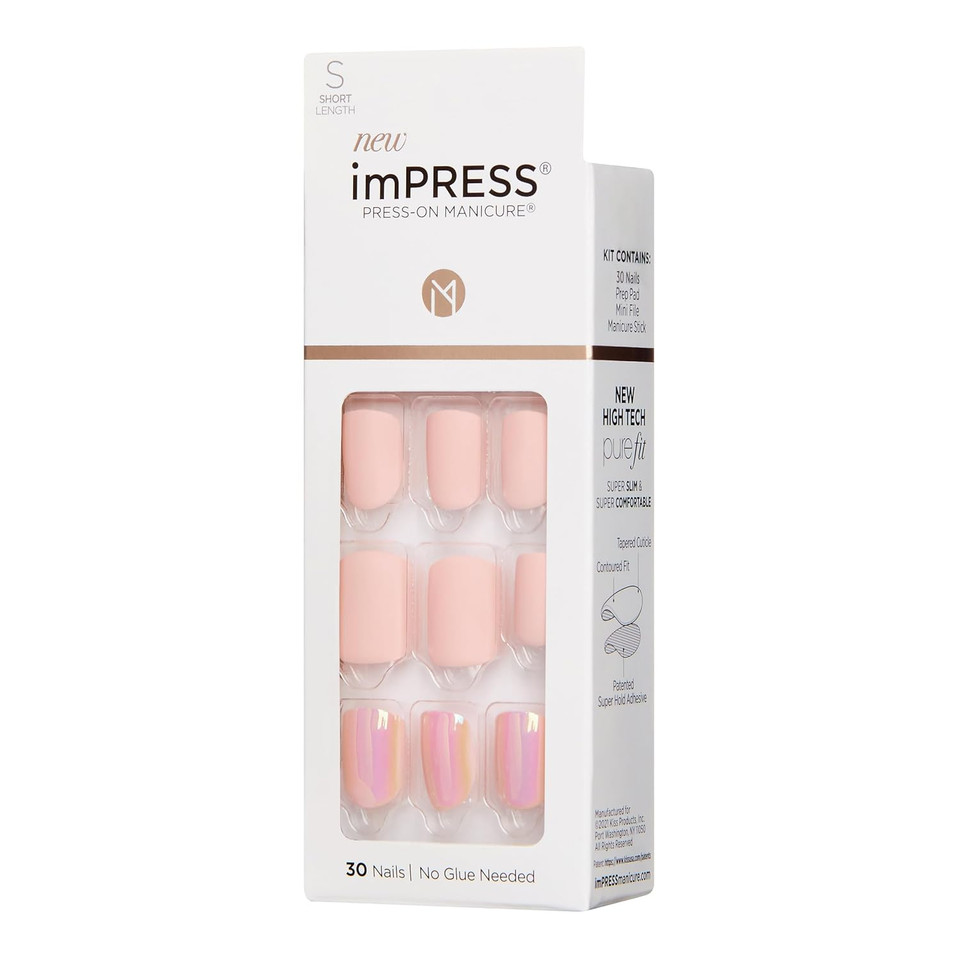 Kiss Impress No Glue Mani Press On Nails, Design, 'Keep In Touch', Pink, Short Size, Squoval Shape, Includes 30 Nails, Prep Pad, Instructions Sheet, 1 Manicure Stick, 1 Mini Filepink And Bronze33 Piece Set