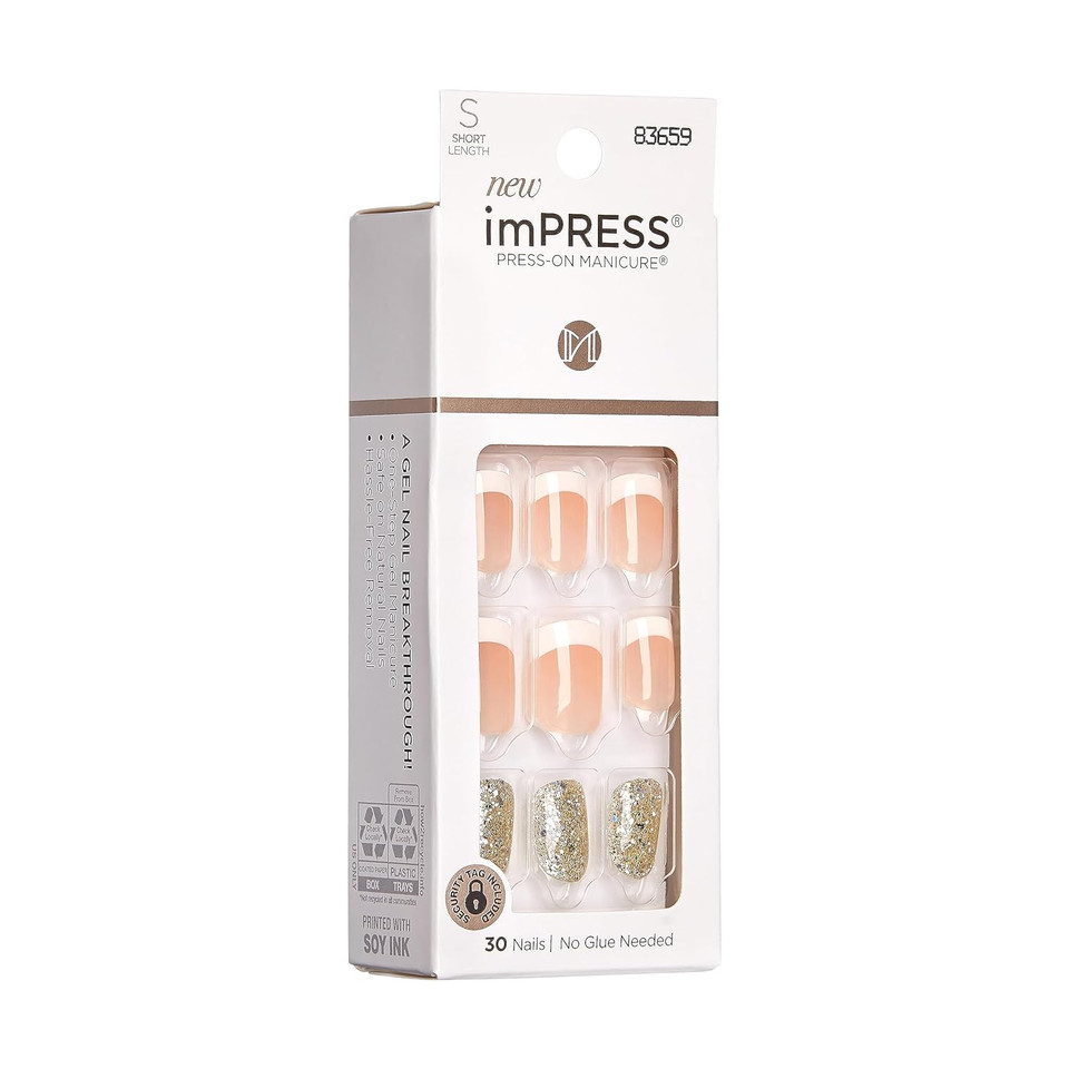 Kiss Impress Press-On Manicure, Nail Kit, Purefit Technology, Short Press-On Nails, Time Slip', Includes Prep Pad, Mini Nail File, Cuticle Stick, And 30 Fake Nails
