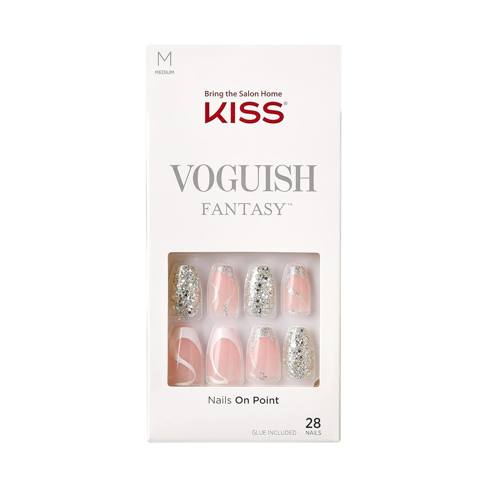 Kiss Voguish Fantasy Press On Nails, Nail Glue Included, Fashspiration', Silver, Medium Size, Coffin Shape, Includes 28 Nails, 2G Glue, 1 Manicure Stick, 1 Mini Filefashspiration