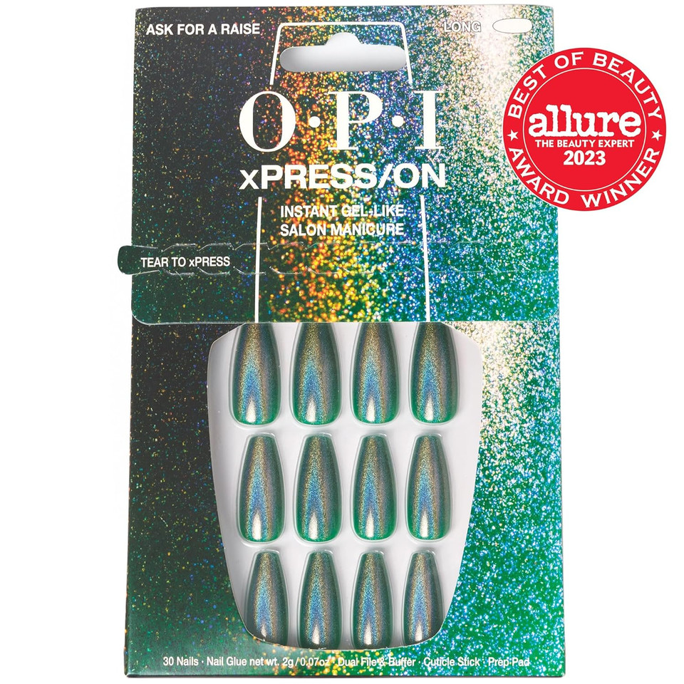 Opi Xpress/On Press On Nails, Up To 14 Days Of Gel-Like Salon Manicure, Vegan, Sustainable Packaging, With Nail Glue, Long Green Holographic Coffin Shape Nails, Ask For A Raiseask For A Raise30 Piece Assortment