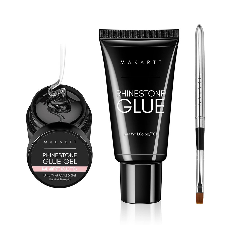 Makartt 2Pcs Nail Rhinestone Glue Gel With Brush Pen Set, 38Ml Clear Nail Gem Glue Gel Super Strong Adhesive Nail Art Glue Gel For Nail Decorations 3D Stones Charms Flowers(Nail Lamp Needed,8Ml+30Ml)